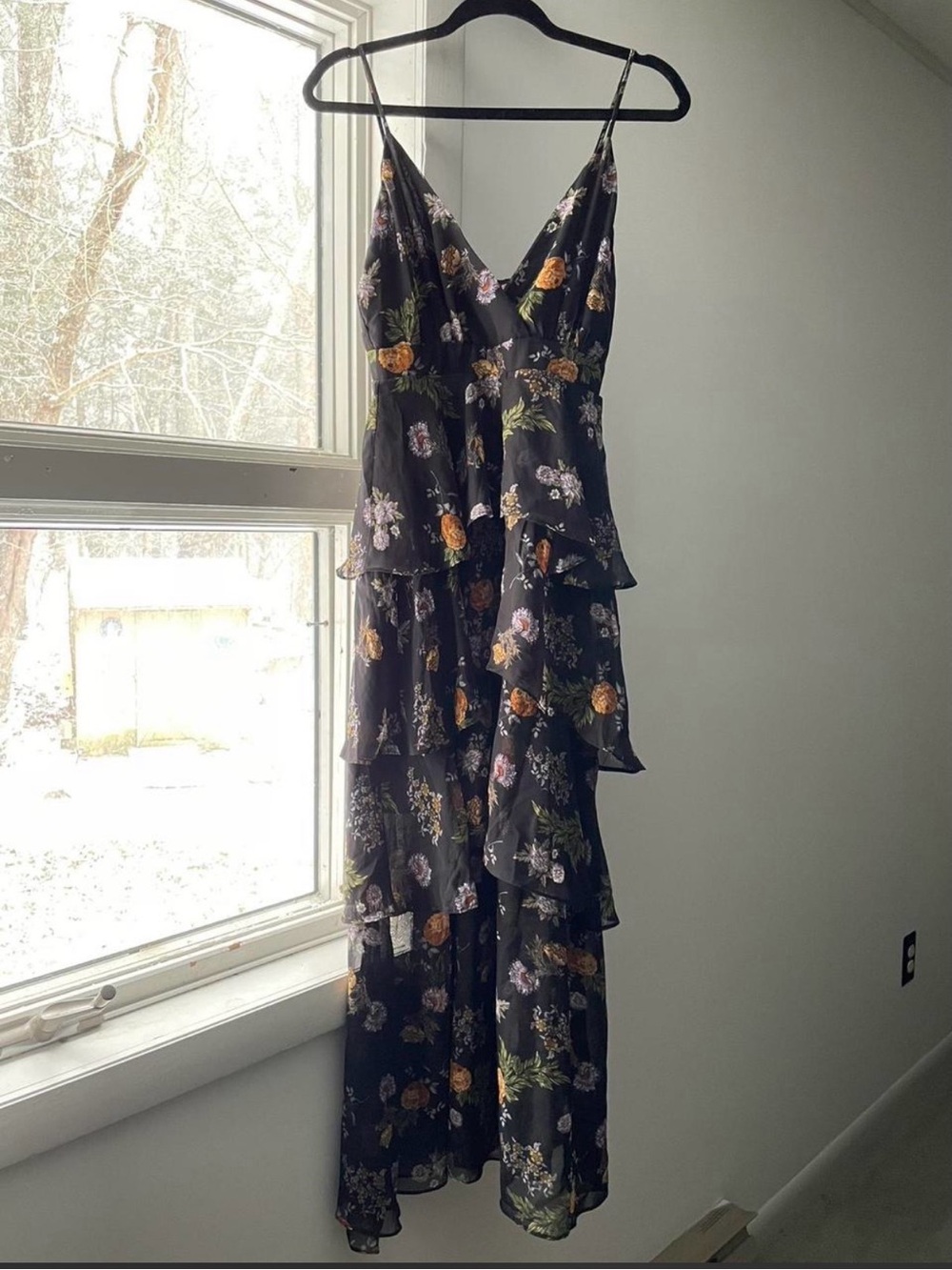 Altar'd State Black Floral Ruffle Maxi Dress with Gold & Lavender Accents